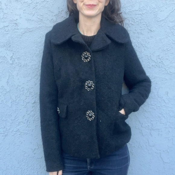 JOUJOU Black Wool Blend y2k Coat Pockets Size M Large collar jacket Jackie O - Picture 14 of 14